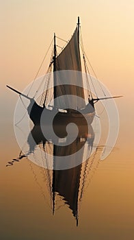 Sailboat with unfurled sails captured at golden hour, its reflection a mirror image on the glassy water.