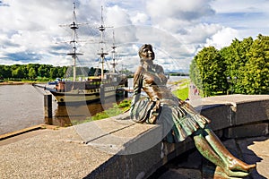 Sailboat on the Volkhov River, the city of Veliky Novgorod