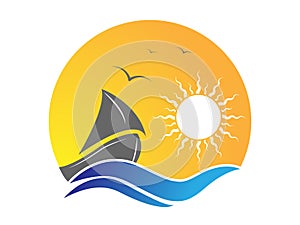 Sailboat on the waves against the background of the sun and seagulls. Vector illustration for logo, emblem, sticker and creative