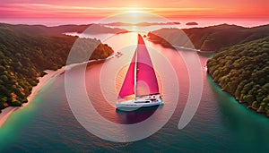 a sailboat with white sails in a calm sea off the coast of a tropical island during a bright sunset,