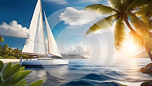 a sailboat with white sails in a calm sea off the coast of a tropical island during a bright sunset,