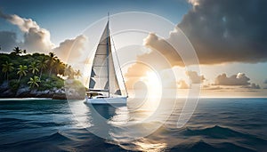 a sailboat with white sails in a calm sea off the coast of a tropical island during a bright sunset,