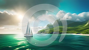 a sailboat with white sails in a calm sea off the coast of a tropical island during a bright sunset,