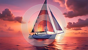 a sailboat with white sails in a calm sea off the coast of a tropical island during a bright sunset,