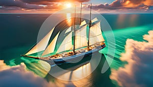 a sailboat with white sails in a calm sea off the coast of a tropical island during a bright sunset,
