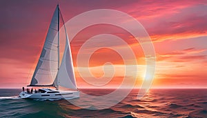 a sailboat with white sails in a calm sea off the coast of a tropical island during a bright sunset,