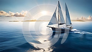 a sailboat with white sails in a calm sea off the coast of a tropical island during a bright sunset,