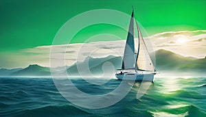 a sailboat with white sails in a calm sea off the coast of a tropical island during a bright sunset,