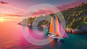 a sailboat with white sails in a calm sea off the coast of a tropical island during a bright sunset,