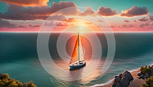 a sailboat with white sails in a calm sea off the coast of a tropical island during a bright sunset,