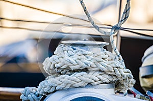 Sailboat winch and nautical rope, sailing yacht detail