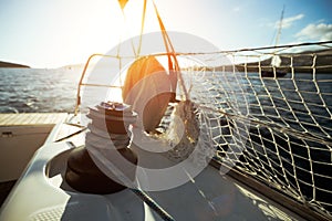 Sailboat with winch and rope on deck