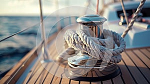 Sailboat winch and rope yacht detail. Yachting hobby