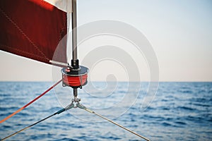 Sailboat winch, sail and nautical rope yacht detail. Yachting, marine background