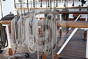 Sailboat wooden marine rigs and ropes.