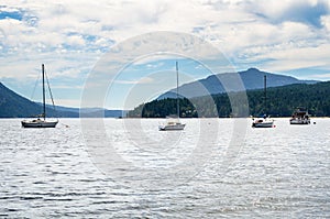 Sailboats anchoraed in a Bay and Cloudy Sky in Summer