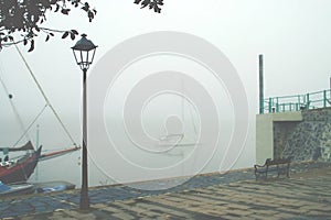 Sailboats anchored and docked at a dock and surrounded by fog.