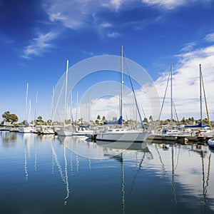 sailboats anchored in a harbor on a sunny day