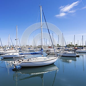 sailboats anchored in a harbor on a sunny day