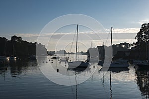 Sailboats anchored in the Morbihan gulf, Island of Conleau, Brit