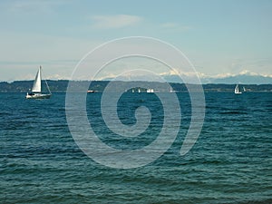 Sailboats on calm ocean waters with distant snowy mountains on the horizon