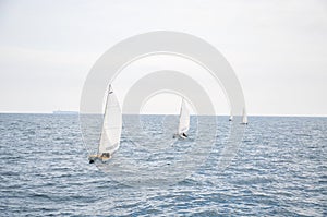 Sailboats, catamaran and surfer sailing near cargo ship of the Mediterranean Sea in Barcelona, Spain