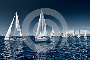 Sailboats compete in a sail regatta at sunset, race of sailboats, reflection of sails on water, multicolored spinnakers