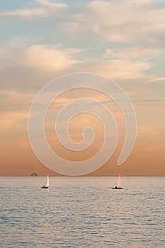 Sailboats and a cruise ship