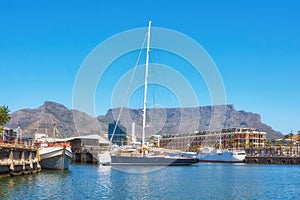 Sailboats docked at a harbor with Table Mountain in the background against blue sky with copy space. Scenic landscape of