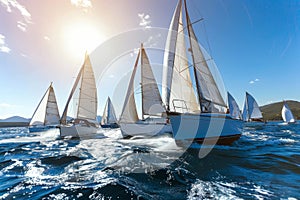 Sailboats elegantly gliding together on the vast and serene expanse of ocean waters