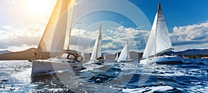 Sailboats elegantly navigating the vast ocean waters under a clear blue sky, a picturesque scene