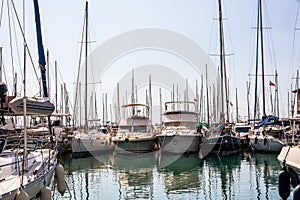 Sailboats, fishing boats and yachts close from overhead