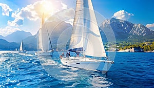 Sailboats gracefully navigating the vast expanse of the serene and tranquil oceanic waters