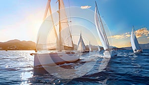 Sailboats gracefully navigating the vast ocean, a serene and picturesque scene of sailboats cruising