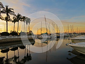 Sailboats in a harbor in Bradenton, Florida at sunset