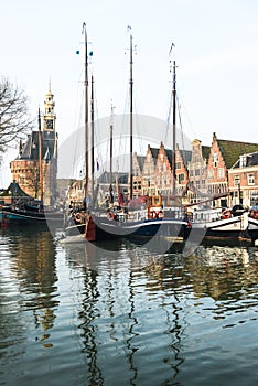Sailboats in harbor at Hoorn, Netherlands.