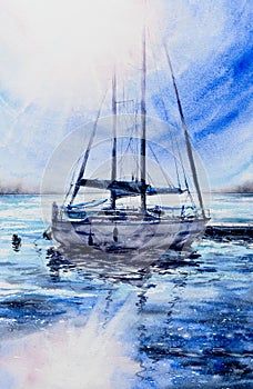 Sailboats in harbour watercolors painted