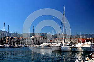 Sailboats moored in the harbor