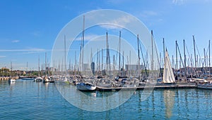 Sailboats moored in the port of barcelona, near the Ramblas and