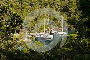 Sailboats moored in Sarsala Bay, Gocek.