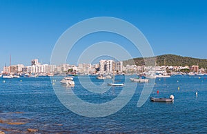 Sailboats & pleasure craft moored. Morning in the harbor of Sant Antoni de Portmany, Ibiza town, Balearic Islands, Spain.