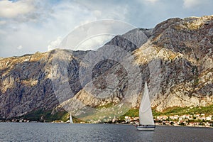 Sailboats sail along the shore of the Bay of Kotor. Montenegro