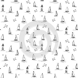 Sailboats. Seamless pattern. Hand drawn vector pattern