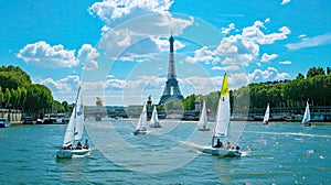 Sailboats on the Seine with Eiffel Tower in the background on sunny day. Open water competition, Olympics in Paris 2024