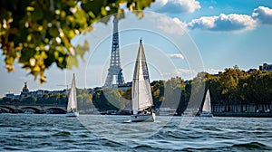 Sailboats on the Seine with Eiffel Tower in the background on sunny day. Open water competition, Olympics in Paris 2024