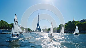 Sailboats on the Seine with Eiffel Tower in the background on sunny day. Open water competition, Olympics in Paris 2024