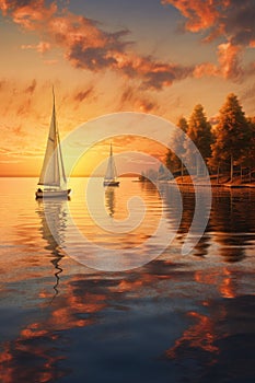 sailboats on a serene lake during golden hour