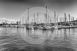 Sailboats and ships docked in Port Vell, Barcelona, Catalonia, S