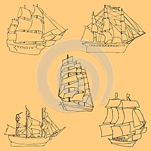 Sailboats. Sketch by hand. Pencil drawing by hand. Vector image. The image is thin lines. Vintage