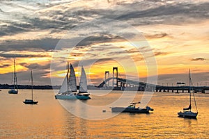 Sailboats at sunset in Newport harbor.